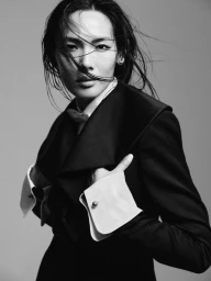 Model in tailored black suit jacket with white cuffs against a neutral background for Grazia UK
