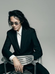 Model with long dark hair wearing a black suit and sunglasses seated on a silver chair against a grey background