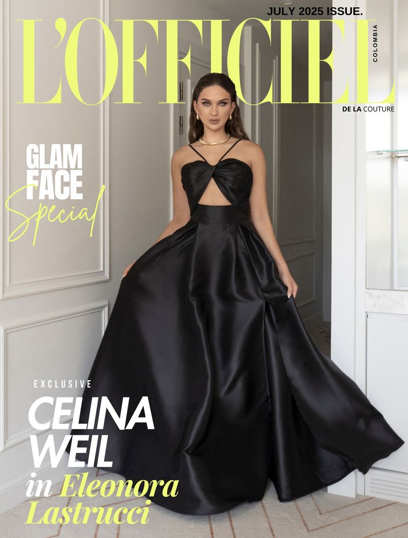 Magazine cover featuring a woman in a black dress with a cutout bodice posing in front of a neutral background. "L'OFFICIEL" is visible.