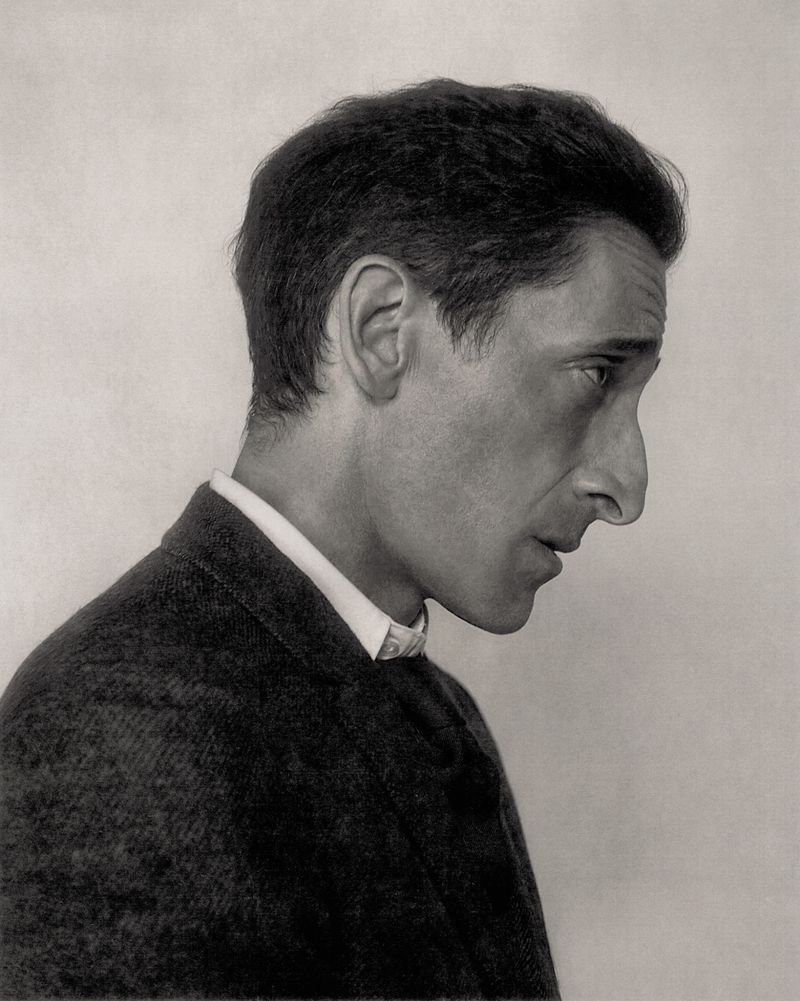 Profile portrait of Adrien Brody wearing a dark jacket and white shirt against a neutral background