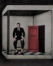 Actor Adrien Brody seated on a stool inside a surreal architectural room with a black and white tiled floor and a red door.
