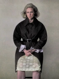 Gwendoline Christie seated wearing a patterned belted coat over a textured lace skirt against a plain backdrop