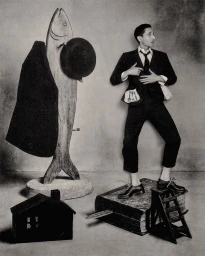 Adrien Brody posing beside a large wooden fish sculpture holding a hat in a monochrome editorial portrait.