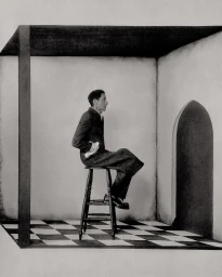 Actor Adrien Brody seated in profile on a dark wooden stool inside a monochrome architectural room with a checkered floor.