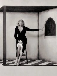 Gwendoline Christie seated on a dark stool inside a minimalist room with a checkered floor pointing at an arched wall niche