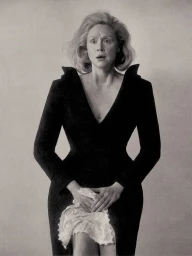 Gwendoline Christie wearing a black sculptural dress with a white undergarment against a textured background