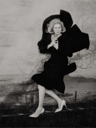 Gwendoline Christie wearing a black sculptural dress against a textured illustrated backdrop in the Bauhaus Ballet project