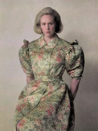 Gwendoline Christie wearing a patterned floral dress with puffed shoulders against a neutral textured background