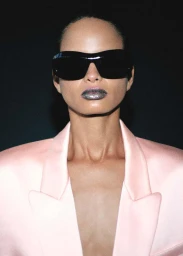 Close-up portrait of a model wearing dark sunglasses and a pink blazer against a dark background