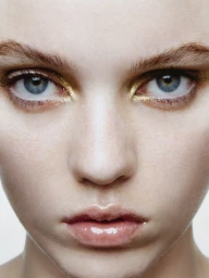 Close-up portrait of a woman with blue eyes, freckles, and gold eyeshadow for Puss Puss Magazine