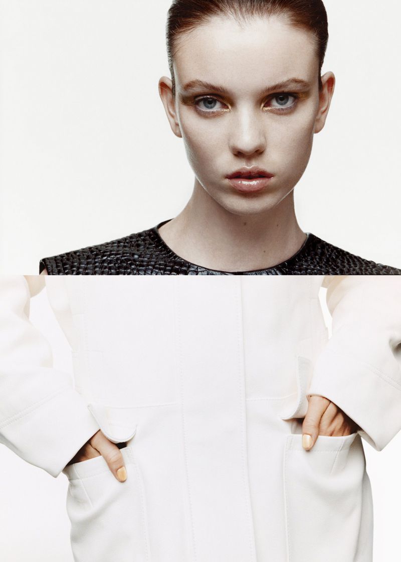 Close-up split image of a model wearing a dark patterned top and a white coat with hands in pockets against a white backdrop.