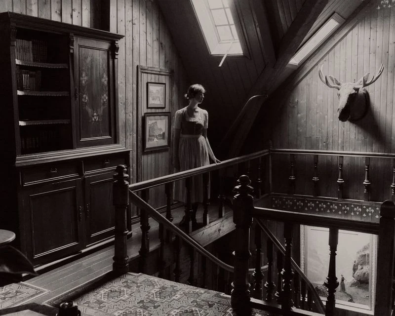 Woman standing on a wooden mezzanine overlooking a staircase inside a rustic cabin with wood-paneled walls and a mounted moose head.