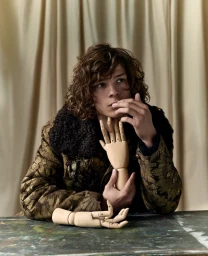 Young man with curly brown hair wearing a patterned jacket posing with wooden artist hands for ICON Magazine France