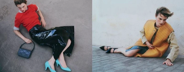 Model Elke Leferink in a red top and black skirt posing for Vogue Greece under photography by Maria Magdalinou.