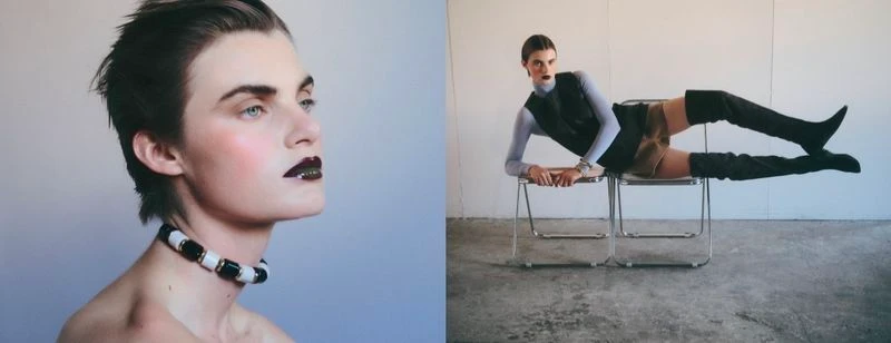 Diptych fashion editorial featuring a close-up portrait and a model reclining across two metal chairs wearing tall black boots.