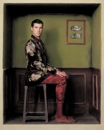 Portrait of Roberto Bolle seated on a stool inside a green room wearing an embroidered velvet jacket and red trousers for Vogue Italia.