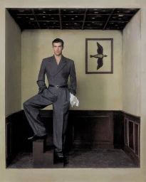 Roberto Bolle posed inside a theatrical stage set for a Vogue Italia editorial featuring a grey suit