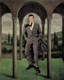 Roberto Bolle in a grey suit standing beneath painted stone arches for Vogue Italia