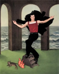 Roberto Bolle posing on a small step stool against a painted archway and sea backdrop for Vogue Italia.