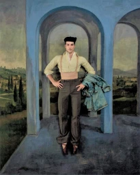 Dancer Roberto Bolle wearing a beret and suspenders standing against a painted landscape backdrop for Vogue Italia