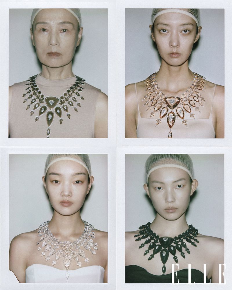 Four polaroid-style portrait panels showing models wearing elaborate statement necklaces against a plain background.