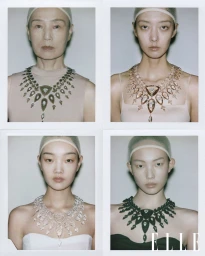 Four polaroid-style portrait panels showing models wearing elaborate statement necklaces against a plain background.