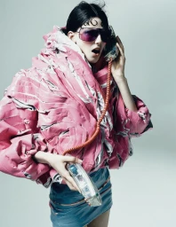 Model Clara Heitkamp in a pink sculptural puffer jacket holding a clear corded telephone for Tush Magazine.