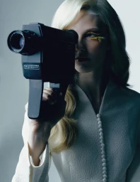 Model Clara Heitkamp holds a vintage Super 8 camera to her eye in a fashion editorial shot by Illya Ovchar for Tush Magazine.