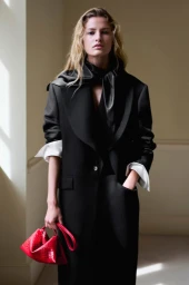 Model Felice Nova Noordhoff in a long black coat holding a red bag for COS Pre-Winter 2026