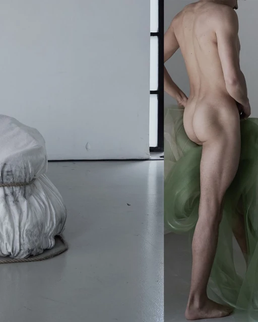 Nude adult male stands near sheer green fabric in an indoor studio setting with white walls and gray floor, and shrouded object.