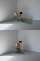 Diptych of a nude male figure interacting with sheer green fabric in an empty minimalist studio corner.