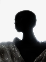 Silhouette of a model with a shaved head wearing a shimmering draped silver garment against a bright white background.