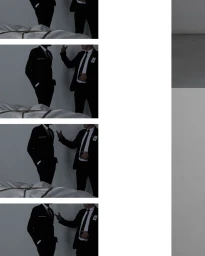 Filmstrip frames of two men in dark suits standing near a rope-bound parcel against a white background.