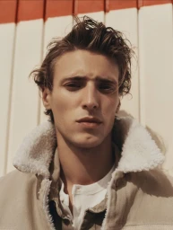 Close-up portrait of a male model with tousled brown hair wearing a sherpa-collared jacket outdoors.