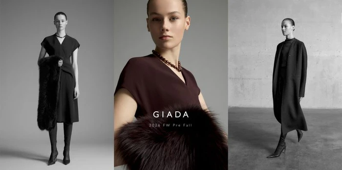 Triptych fashion layout featuring a female model in dark dresses and coats holding a fur stole against neutral studio backgrounds.