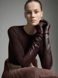 Model wearing dark burgundy leather opera gloves and dark sweater sitting against a neutral grey studio backdrop