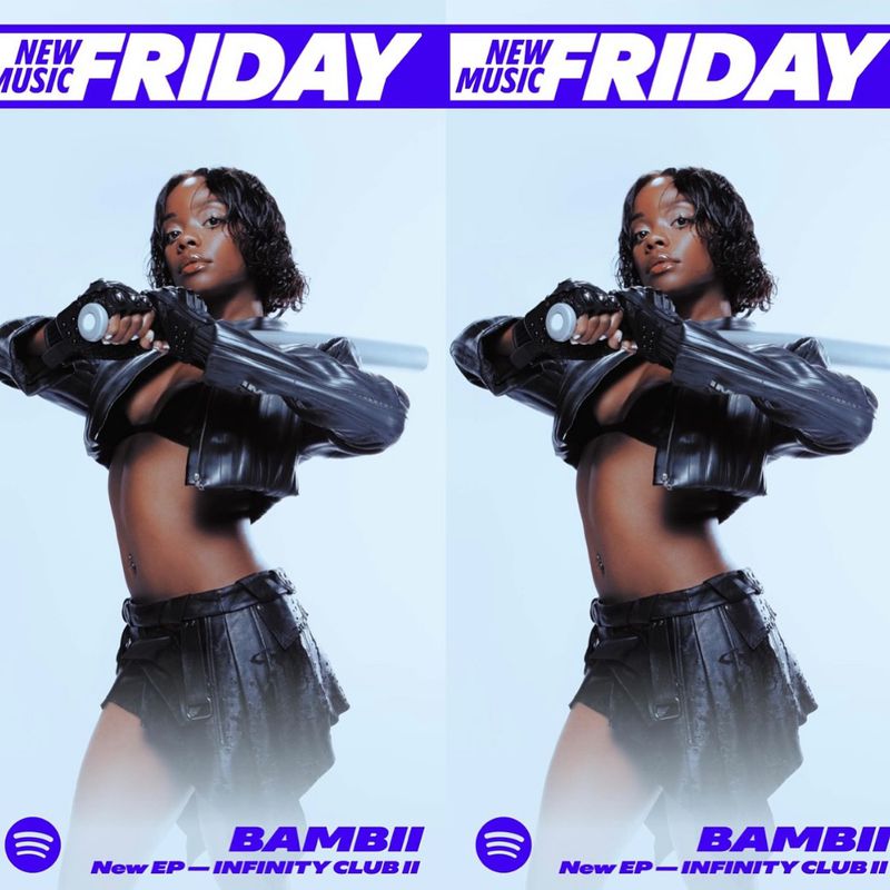 Adult female poses with a prop against a light blue background in a duplicated image, featuring a music banner and album art.