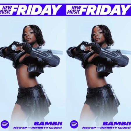 Adult female poses with a prop against a light blue background in a duplicated image, featuring a music banner and album art.