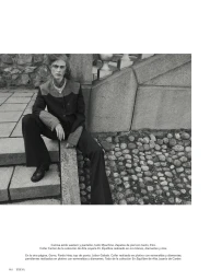 Model Hedvig Palm seated on stone steps outdoors wearing a patterned jacket for Telva editorial