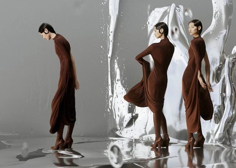 Three fashion models pose in brown dresses and heeled boots against a gray backdrop with reflective silver accents and water textures.