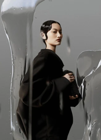 Model in black top holding a beaded clutch behind flowing liquid glass panels for Harper's Bazaar Australia editorial