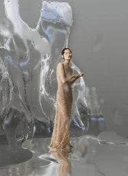 Model in a beaded floor-length gown standing in front of a reflective liquid backdrop for Harper's Bazaar Australia
