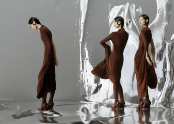Model in a brown dress standing against a liquid silver backdrop for Harper's Bazaar Australia