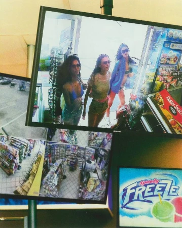 A television display showing three women posing in front of a store, with additional surveillance footage displayed on other screens.