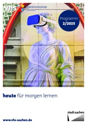 Classical draped statue wearing a blue and white VR headset on a program cover for Volkshochschule Aachen.