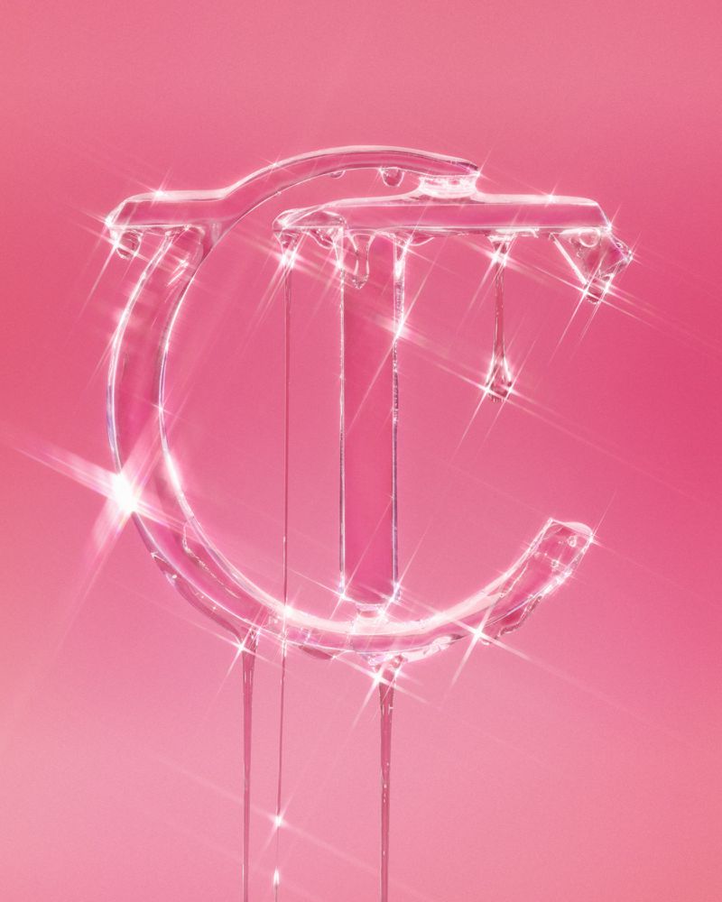 Abstract pink artwork featuring a stylized, translucent letter 'C' with dripping, liquid-like elements and shiny reflections against a soft pink background.