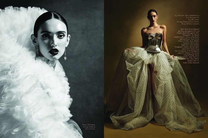 Fashion editorial shot: Woman in white ruffled dress poses in grey background, another in silver bodice and spotted tulle gown on gold.