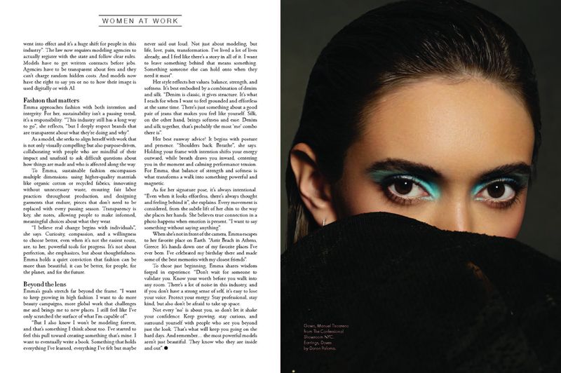 Close-up of a young adult woman with vibrant turquoise eye makeup, partially obscured by a black garment, looking directly at the camera.