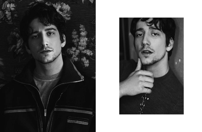 Black and white editorial diptych of actor Milo Manheim in a zippered jacket and casual top.