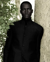 Model Hakim Deng in a black mandarin collar jacket leaning against a tree trunk beside green foliage.